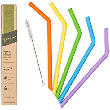 Reusable Big Silicone Drinking Straws with Cleaning Brush - Eco Friendly - BPA Free and FDA Approved - Great for Smoothies in Tumblers