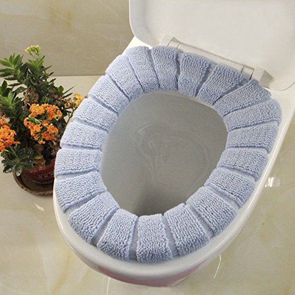 2pcs Bathroom Soft Thicker Warmer Stretchable Washable Cloth Toilet Seat Cover Pads, 2PCS (Blue)