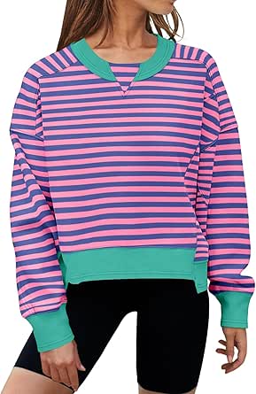 MEROKEETY Women's Striped Color Block Cropped Sweatshirts Oversized Crewneck Long Sleeve Sweater Y2K Shirt Tops