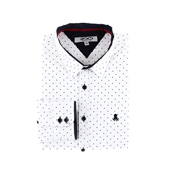 Z8 Casual Long Sleeve Dress Shirt for Men - Blue and White Spread Collared with Polka Dots - Slim Fit