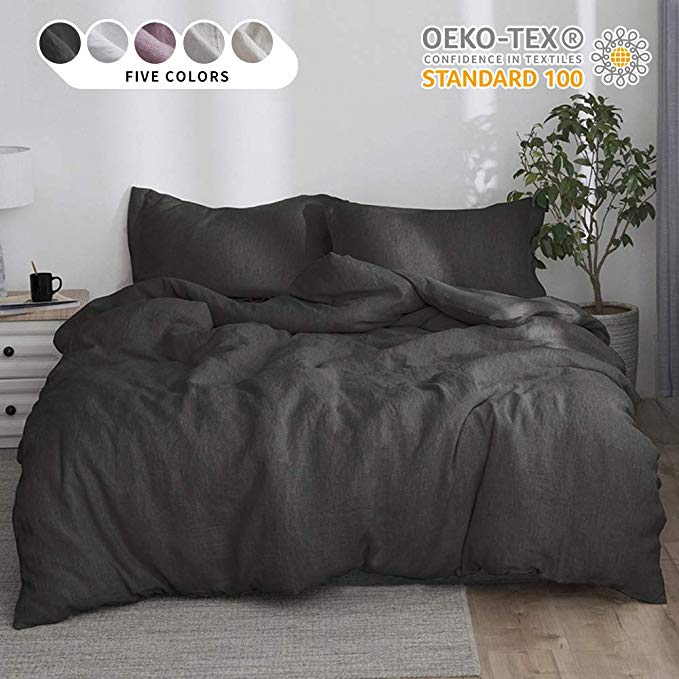 Simple&Opulence 100% Linen Stone Washed 3pcs Basic Style Solid Duvet Cover Set (Full, Dark Grey)