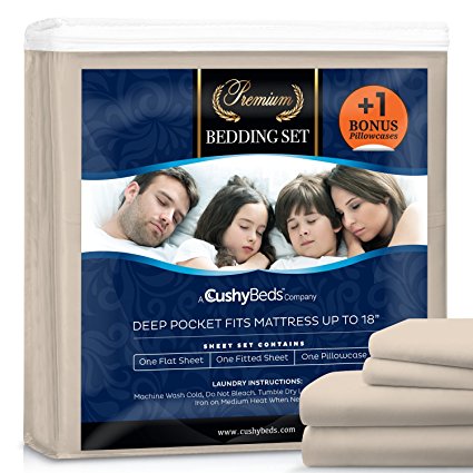 Premium Bed Sheet Set by CushyBeds - Brushed Microfiber 1800 Bedding - Hypoallergenic, Wrinkle, Fade, Stain Resistant - 4 Pieces Includes 1 BONUS Pillow Case (Twin, Ivory)