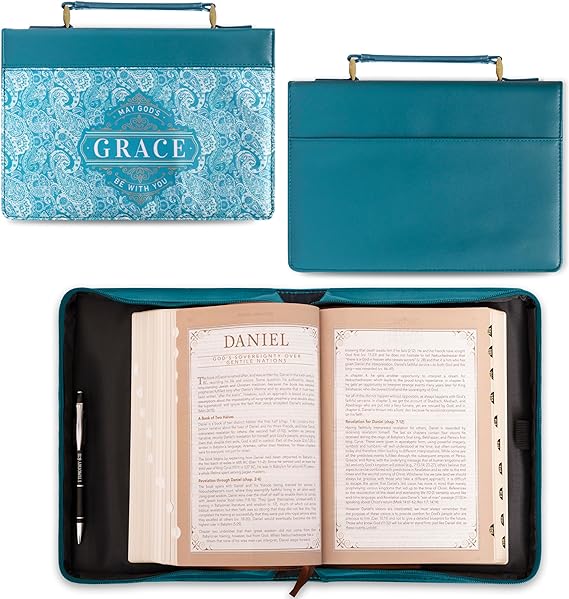 Christian Art Gifts Teal Vegan Leather Fashion Bible Cover for Women: God's Grace Be with You - Inspirational Book Carry Case w/Cute Paisley Pattern, Silver Zipper, Pockets & Pen Storage, Medium