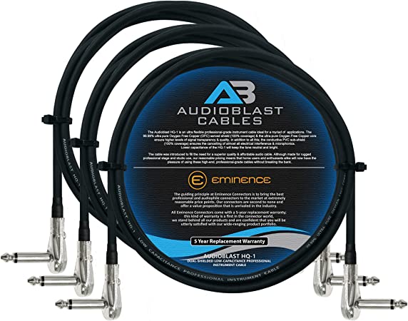 3 Units - 3 Foot - Audioblast HQ-1 - Ultra Flexible - Dual Shielded (100%) - Instrument Effects Pedal Patch Cable w/ ¼ inch (6.35mm) Low-Profile, R/A Pancake Type TS Connectors & Dual Staggered Boots
