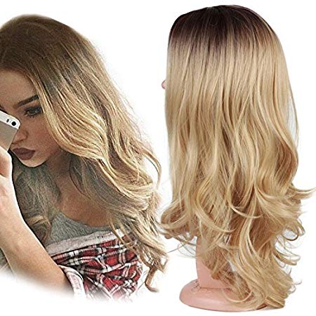 Fani Wigs Ombre Wig Long Wave Non-Lace Front Middle Part Blond Dark Brown Roots Synthetic Daily Party Full Wigs with Free Cap for Women