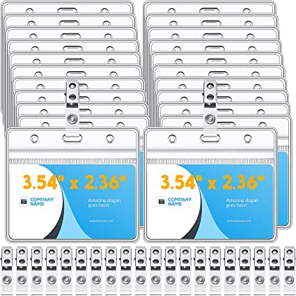 Zonon 150 Sets Clip on Name Tag Clear Badge with Waterproof Horizontal PVC ID Holder Transparent Resealable Zipper Seal and Metal for Teacher Student Worker