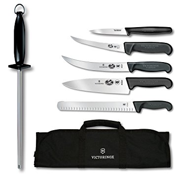 Victorinox Swiss Army 7-Piece Natural Competition BBQ Set with Black Fibrox Pro Handles and Knife Roll