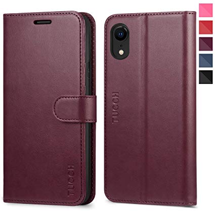 iPhone XR Case, iPhone XR Wallet Case, TUCCH PU Leather Flip Folio Slim Case [RFID Blocking][Kickstand] Credit Card Slots, [Wireless Charging] Compatible with iPhone XR(6.1 inch) - Wine Red