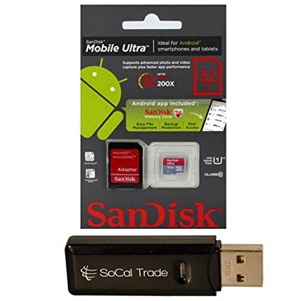 32GB SanDisk MicroSD HC MicroSDHC Class 10 Memory Card 32G (32 Gigabyte) for Motorola Moto E Moto G LTE Nokia Lumia Icon X X  XL Lumia 930 635 630 530 X2 with SoCal Trade, Inc. MicroSD & SD USB Memory Card Reader