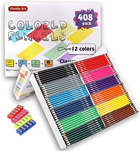 Colored Pencils Bulk, Shuttle Art 408 Pack Coloring Pencil Set Plus 20 Sharpeners, 12 Assorted Colors, Classpack School Supplies