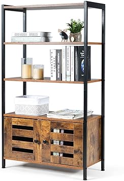 COSTWAY Industrial Bookshelf, Freestanding Storage Bookcase Cabinet with 4 Shelves and 2 Louvred Doors, Home Office Living Room Cupboard Display Organiser Unit