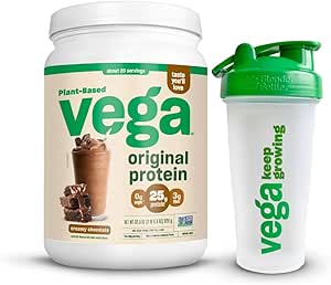 Vega Original Protein Powder   Shaker Cup Bundle, Creamy Chocolate Plant Based Protein Drink Mix with Protein Shaker Cup, 28oz