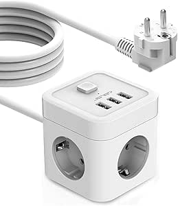 JSVER Cubo Enchufes 5M con 3 Puertos de USB y 3 Tomas Regleta USB 3680W/16A Proteccion Sobretension Enchufe Alargador Multiple Carga Rapida para Samsung iPad iPhone Tablets -Blanco