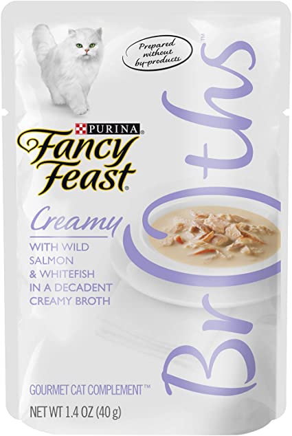 Purina Fancy Feast Broths For Cats, Creamy, With Wild Salmon And Whitefish, 1.4-Ounce Pouch, Pack Of 32