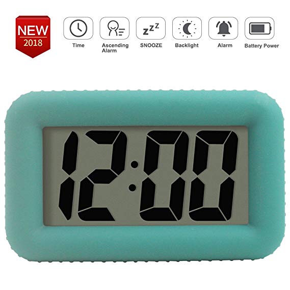 Digital Alarm Clock Table Electronic Clock with Rubber Case Display Time/Alarm, Snooze/Backlight, Adjustable Light Dimmer Battery Operated Bedside Desk/Shelf Clock, Gift for Kids/Teens/Home, Green