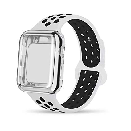 INTENY Compatible for Apple Watch Band 40mm with Case, Soft Silicone Sport Wristband with Apple Watch Screen Protector Compatible for iWatch Apple Watch Series 1,2,3,4, 40mm M/L,White Black