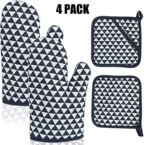 Oven Mitts 4pcs Pot Holders Heat Resistant up to 482F/250°C Soft Cotton Lining with Non-Slip Surface, Heat Resistant Kitchen Microwave Gloves for Baking Cooking Grilling BBQ (4 Pack Black and White)