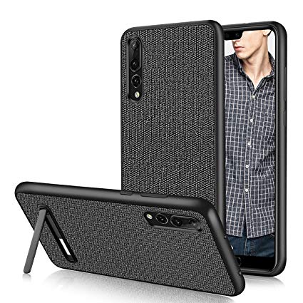 DUEDUE Huawei P20 Pro Case, Shockproof Rugged Slim Hybrid Hard PC Cover Kickstand with Linen Cloth Fabric Design Canvas Stripe Leather Protective Case for Huawei P20 Pro for Men and Boys, Grey/Black