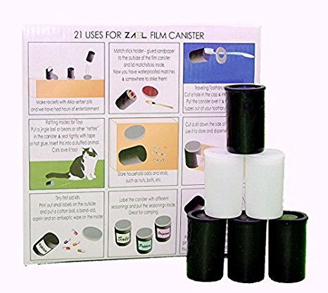 ZAEL Film Canisters: 72 Pack, 36 translucent white, 36 black, 35MM. Packed in a box printed "21 uses of the ZAEL Film Canisters". Rockets, Geocaching Container, Science Experiments or First Aid Kits.