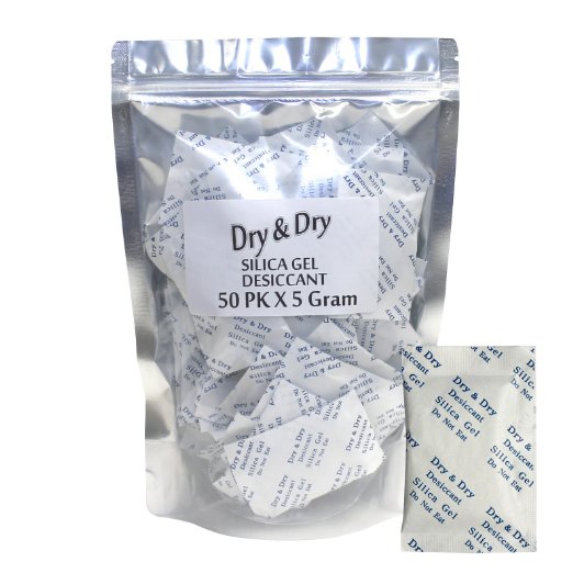 5 Gram Pack of 50 "Dry&dry" Silica Gel Packets Desiccant Dehumidifiers