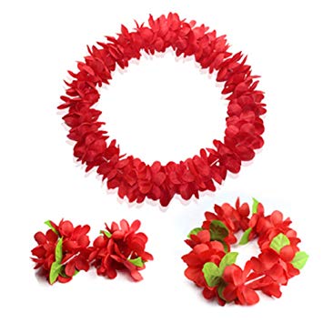 Hawaiian Luau red flower Leis Jumbo necklaces bracelets headband set