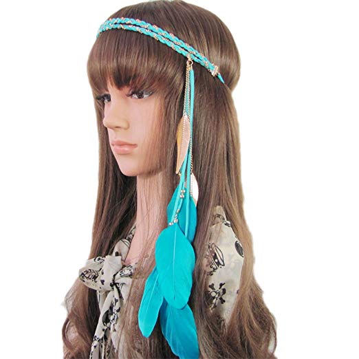 Song Qing Women Feather Leaf Tassels Braided Hippie Headband Hair Accessories