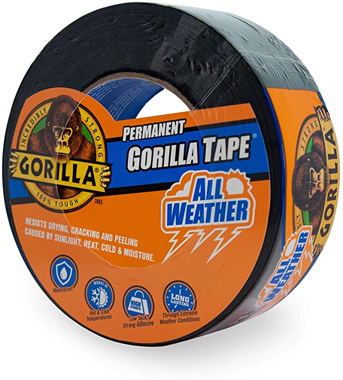 Gorilla All Weather Outdoor Waterproof Duct Tape, UV and Temperature Resistant, 1.88" x 25 yd, Black (Pack of 1)