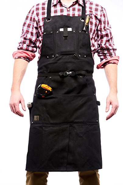 Premium Waxed Canvas Apron with Lots of Additional Pockets & Roomy Pouches. Water Resistant, with 2 Hammer Loops, Quick Release Buckle, Adjustable up to XXL. For Carpenter, Machinist, Home