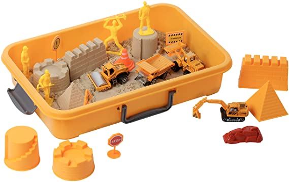 Tractor Sand Play Set, Sensory Toys for Kids W/ 2 Lbs of Sand, Construction Signs & Cones, Working Figures, 4 Mold Set and Road Roller, Dump Truck, Excavator & Bulldozer for 3, 4, 5 Year Old Toddlers,