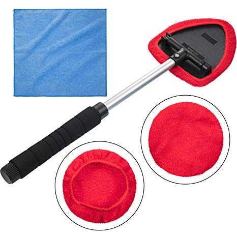 Tatuo Auto Car Windshield Cleaner, 1 Pack Extendable Handle Window Cleaner Brush Kit Comes with 2 Packs Washable and Reusable Pads and 1 Pack Microfiber Cleaning Cloth