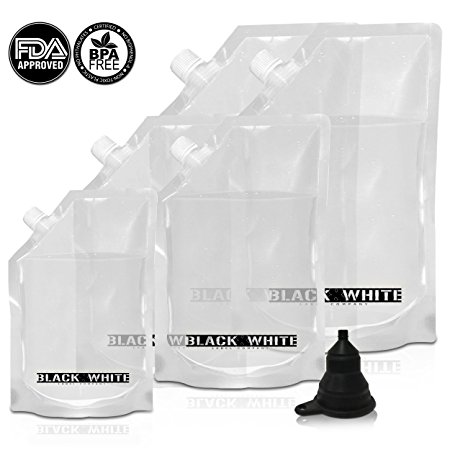 (5) Black & White Label Premium Plastic Flasks Liquor Rum Runner Flask Cruise Kit Sneak Alcohol Drink Wine Pouch Bag Set Heavy Duty Concealable Flasks For Booze (2x32oz   2x16oz   1x8oz   Funnel)