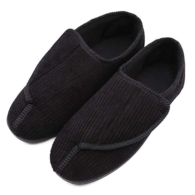 Men's Memory Foam Diabetic Slippers with Adjustable Closures,Extra Wide Width Comfy Warm Plush Fleece Arthritis Edema Swollen House Shoes Indoor/Outdoor