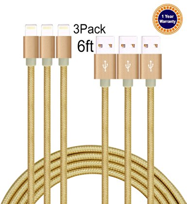 Jricoo 3pcs 6FT Lightning Cable Popular Nylon Braided Charing Cable Extra Long USB Cord for iphone 6s, 5SE, 6s plus, 6plus, 6,5s 5c 5,iPad Mini, Air,iPad5,iPod on iOS9.(gold).