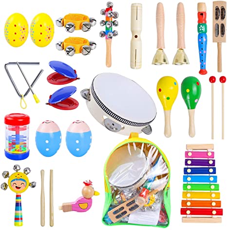 Rabing Kids Musical Instruments, 27pcs 15 Types Children's Musical Instruments Learning Musical Wooden Toys Preschool Education Tambourine Xylophone, Birthday Gifts for Toddler