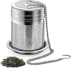 Tea Infusers for Loose Tea, Extra Fine Mesh Tea Strainers, 18/8 Stainless Steel Loose Leaf Tea Steeper Tea Diffusers with Extended Chain Hook and Drip Tray 1 Pack