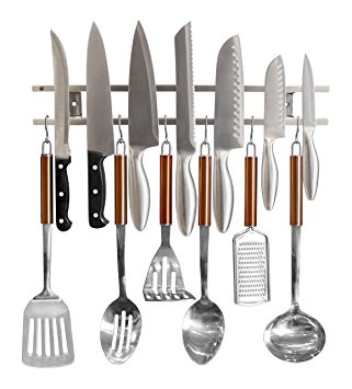 Magnetic Knife Holder From Cook-a-Lot - Includes Multiple Hooks for Added Storage. Easy to Install Tool Rack for Metal Knives, Utensils and Kitchen Sets. Strong and Reliable. Save Kitchen Space Now