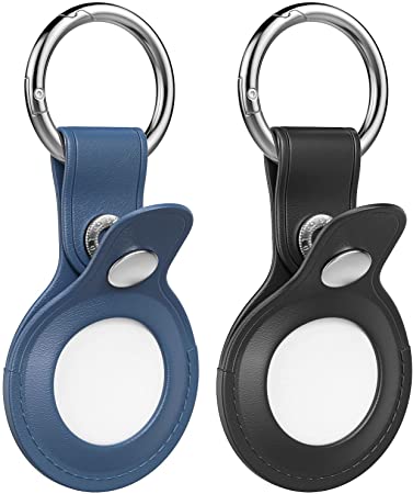 MoKo 2-Pack Key Ring Case for AirTag 2021, Soft Genuine Leather AirTag Tracker Case with Keychain, Anti-Loss AirTag Holder Cover for Car Keys, Bags, Backpacks, Black & Blue