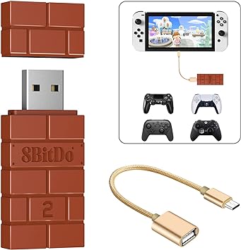 8Bitdo Wireless USB Adaptador 2, Bluetooth Receptor para Switch, Xbox One/Xbox Series X & S, PS5, PS4, PS3 Controlador on Switch OLED/Switch, PC, Android, Raspberry Pi,Retrofreak con cable OTG (Rojo)