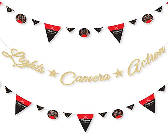 Red Carpet Hollywood - Movie Night Party Letter Banner Decoration - 36 Banner Cutouts and No-Mess Real Gold Glitter Lights Camera Action Banner Letters