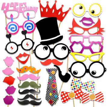 COOLOO Photo Booth Props Diy Kit For Birthday Party,Pack Of 31:Various Colors Of Mustache,Glasses Frames,Ties,Lips,Crown,Pipe,Eyes,Hat and Happy Birthday Sign