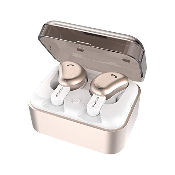 Wireless Earbuds, AMORNO 5.0 True Bluetooth Headphones in-Ear Deep Bass Noise Cancelling Earphones Mini Sweatproof Headsets with Charging Case Built-in Mic for iPhone Android (Gold)