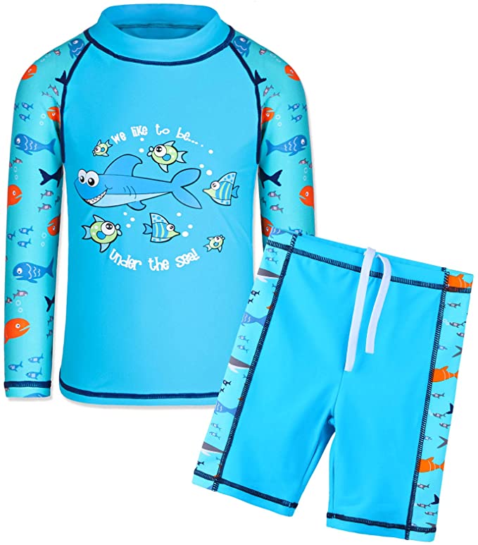 TFJH E Kids Boys UPF 50  UV Swimwear Sun Protective Long Sleeve Two Piece Swimsuit
