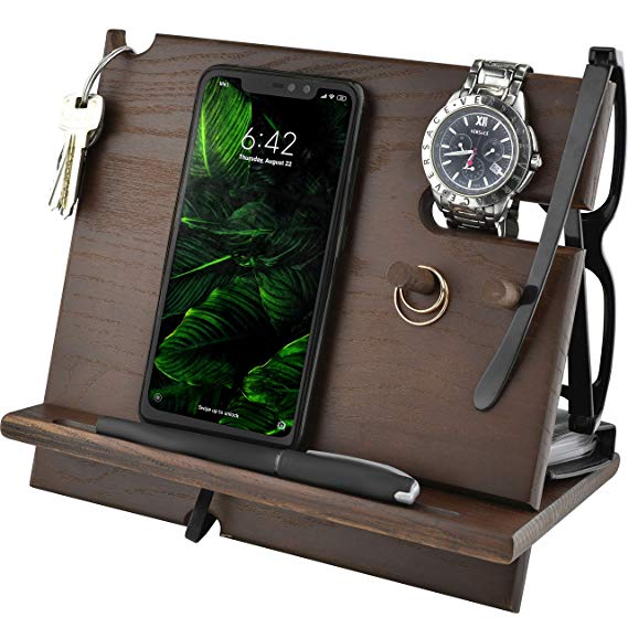Cell Phone Stand Watch Holder. Men Wood Mobile Base Nightstand Charging Docking Station. Women Accessories Wooden Storage. Funny Bed Side Caddy Valet Happy Birthday Gift