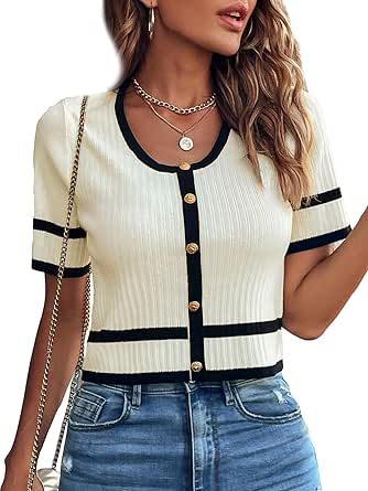 Milumia Women's Striped Button Up Cropped Short Sleeve Knit Tops