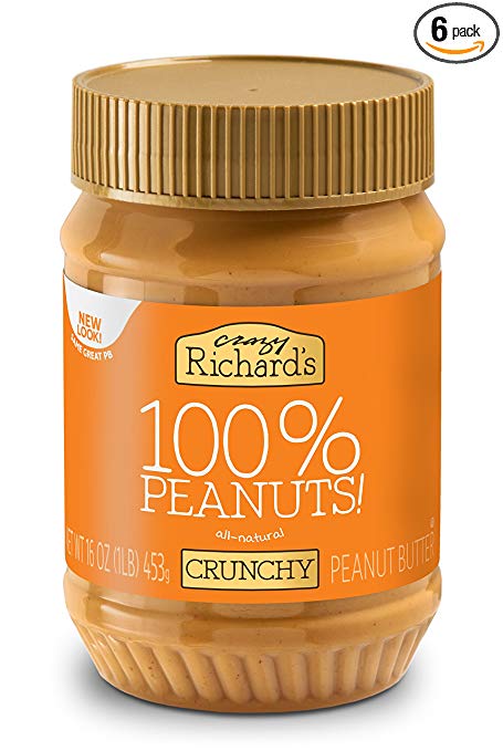 Crazy Richard's Crunchy Peanut Butter, 100% Natural, Non-GMO, Gluten-Free, 16 Ounce Jars (Pack of 6)