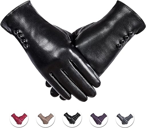 Alepo Winter PU Leather Gloves for Women, Warm Thermal Touchscreen Texting Typing Dress Driving Motorcycle Gloves Wool Lining