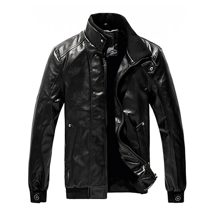 Bluetime Men's Classic Stand-collar Faux Leather Motorcycle Biker Riding Jacket