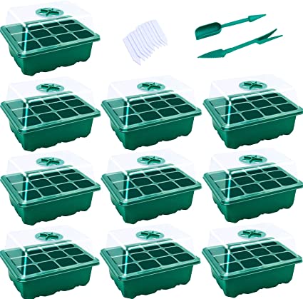 10 Pack Seed Starter Trays, Lmhce Greenhouse Seed Germination Kit, Garden Seed Propagator with Humidity Adjustable Dome and Base (12 Holes per Tray,Green)