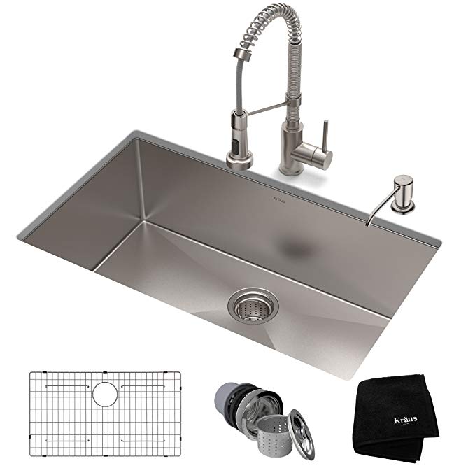 KRAUS KHU100-32-1610-53SS Set with Standart PRO Bolden Commercial Pull Stainless Steel Kitchen Sink & Faucet Combo