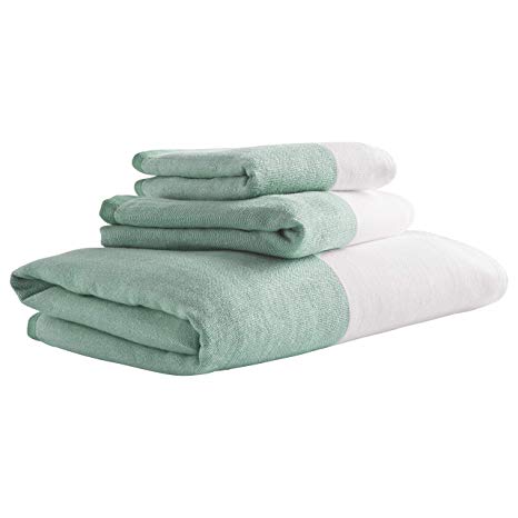 Rivet 3 Piece Contemporary Linen Trim Bath Towels Set - Emerald